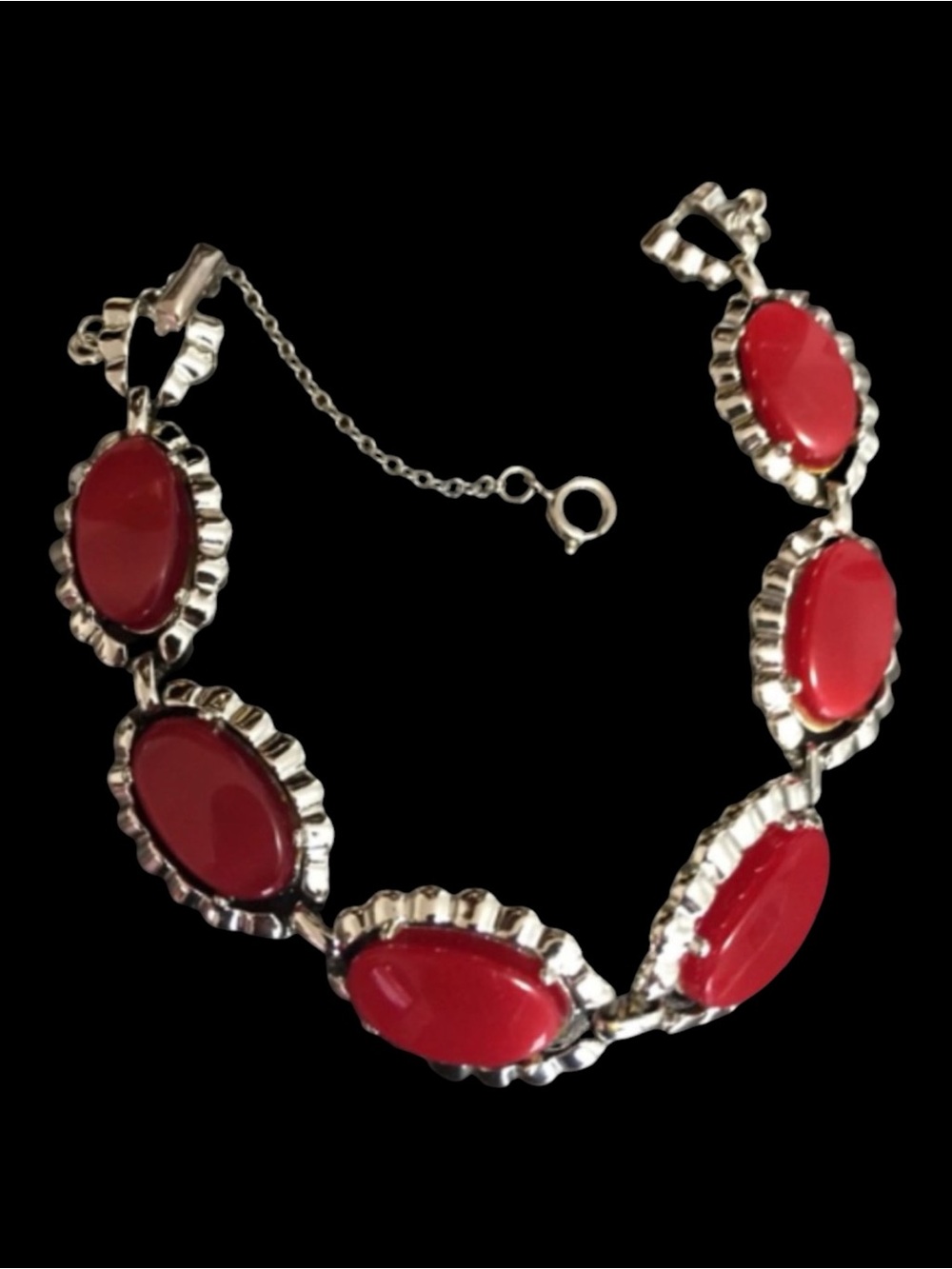 Coro Red Moonglow Lucite Silver Tone Bracelet